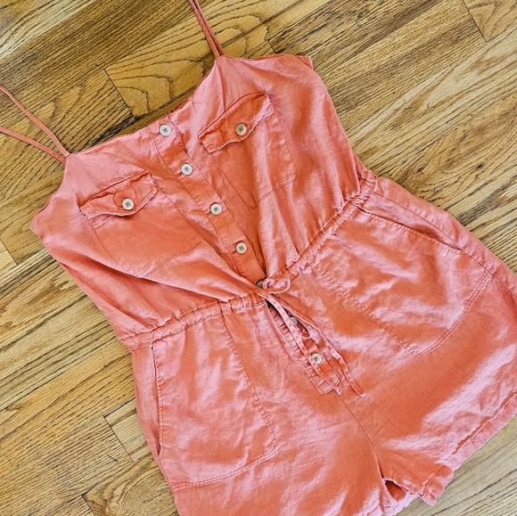 Mango Size XL 100% Linen Romper Orange Tie Waist Utility Pockets Tank Buttons - Picture 2 of 8